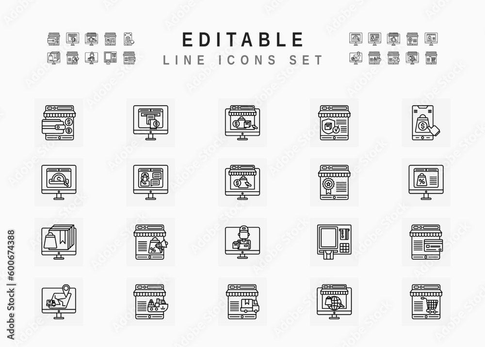 E-Commerce Includes Online Shop, Retail, Shopping Cart, Shipping Delivery and Wallet Payment. Line Icons Set. Editable Stroke Vector Stock. 96 x 96 Pixel Perfect.