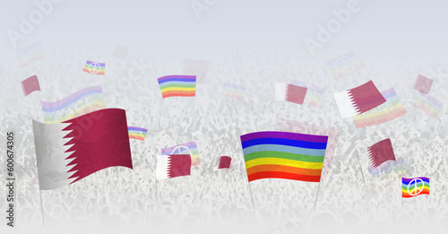 People waving Peace flags and flags of Qatar. Illustration of throng celebrating or protesting with flag of Qatar and the peace flag.