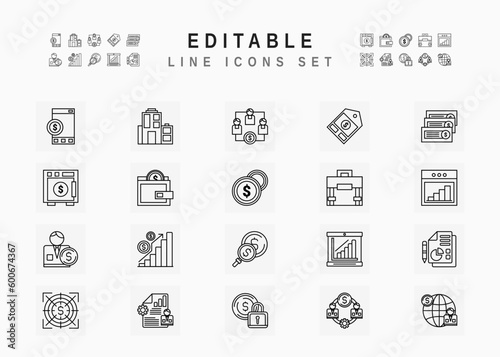Financial Investment Includes Money, Coin Wallet, Business Group, Investor, Analytic, Growth and Safety Box. Line Icons Set. Editable Stroke Vector Stock. 96 x 96 Pixel Perfect.