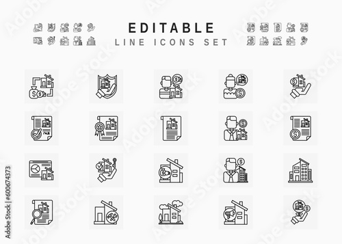Real Estate Includes House Agent, Mortgage, Building, Insurance, Rent Business and Broker. Line Icons Set. Editable Stroke Vector Stock. 96 x 96 Pixel Perfect.