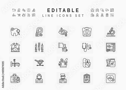 Healthcare Includes Medical Equipment, Pharmacy, Laboratory Test, Professional Doctor, and Nurse. Line Icons Set. Editable Stroke Vector Stock. 96 x 96 Pixel Perfect.