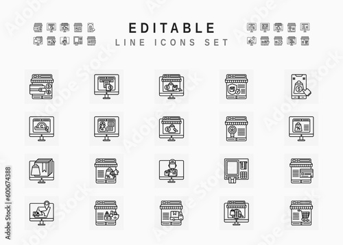 E-Commerce Includes Online Shop, Retail, Shopping Cart, Shipping Delivery and Wallet Payment. Line Icons Set. Editable Stroke Vector Stock. 96 x 96 Pixel Perfect.