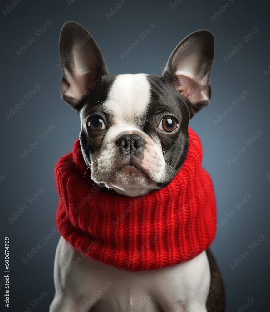 cute smiling Boston Terrier with scarf in a grey background, portrait created by generative AI technology.