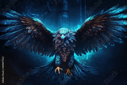 majestic blue eagle with spread wings, fantasy and magical,  Generative AI