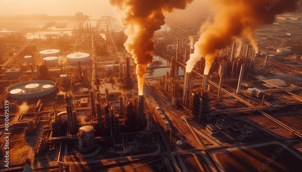 Aerial view of oil and gas industry refinery shot from drone
