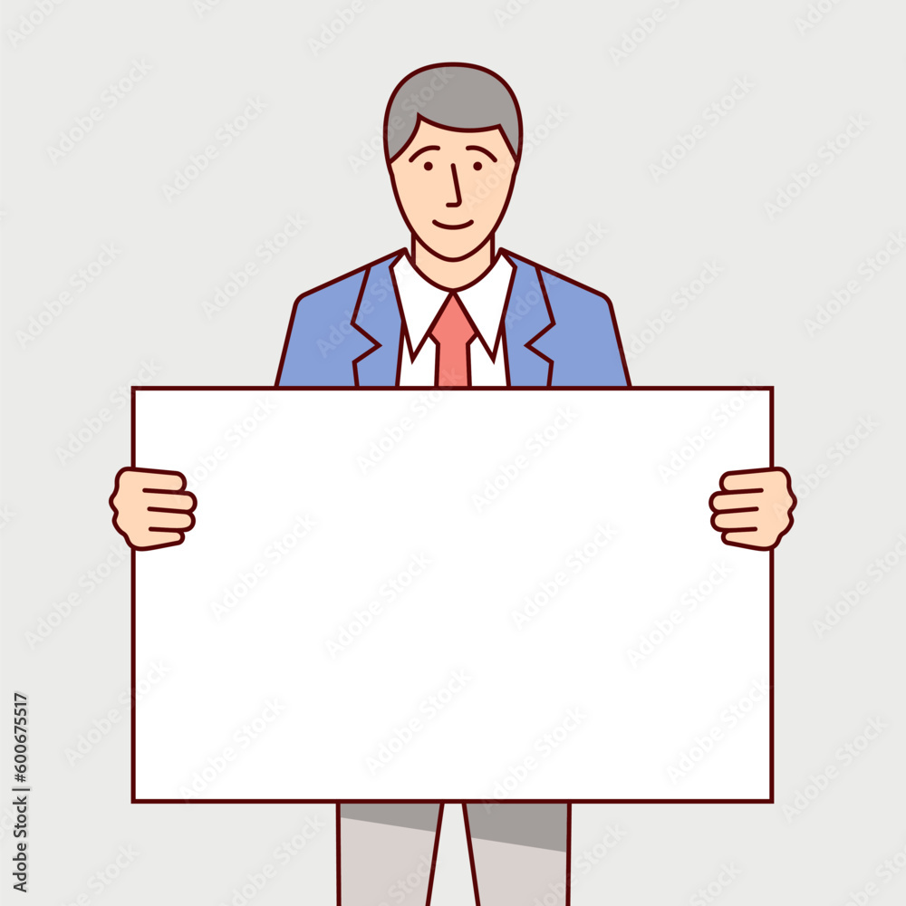 Man with a placard. Businessman holds the white blank sheet. Hand drawn style. Advertising simple billboard for promotion. Vector illustration flat design. Isolated on white background. Man with a placard. Businessman holds the white blank sheet. Hand drawn style. Advertising simple billboard for promotion. Vector illustration flat design. Isolated on white background.