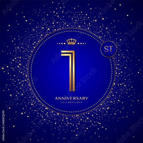 1st anniversary logo with gold numbers and glitter isolated on a blue background