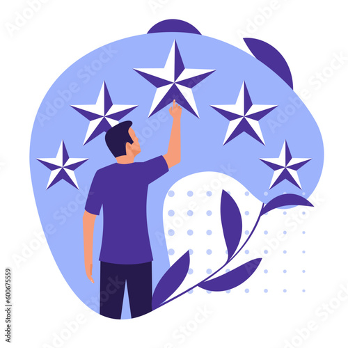 Star rating. Businessman holding a gold star in hand, to give five. Feedback concept. Evaluation system. Positive review. Vector illustration flat design. Isolated on white background. Quality work.