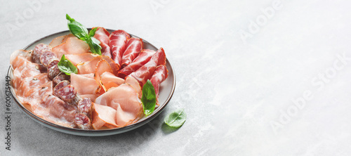 Cured Meat Platter, Antipasto Set, Appetizer Variety on Plate over Concrete Background