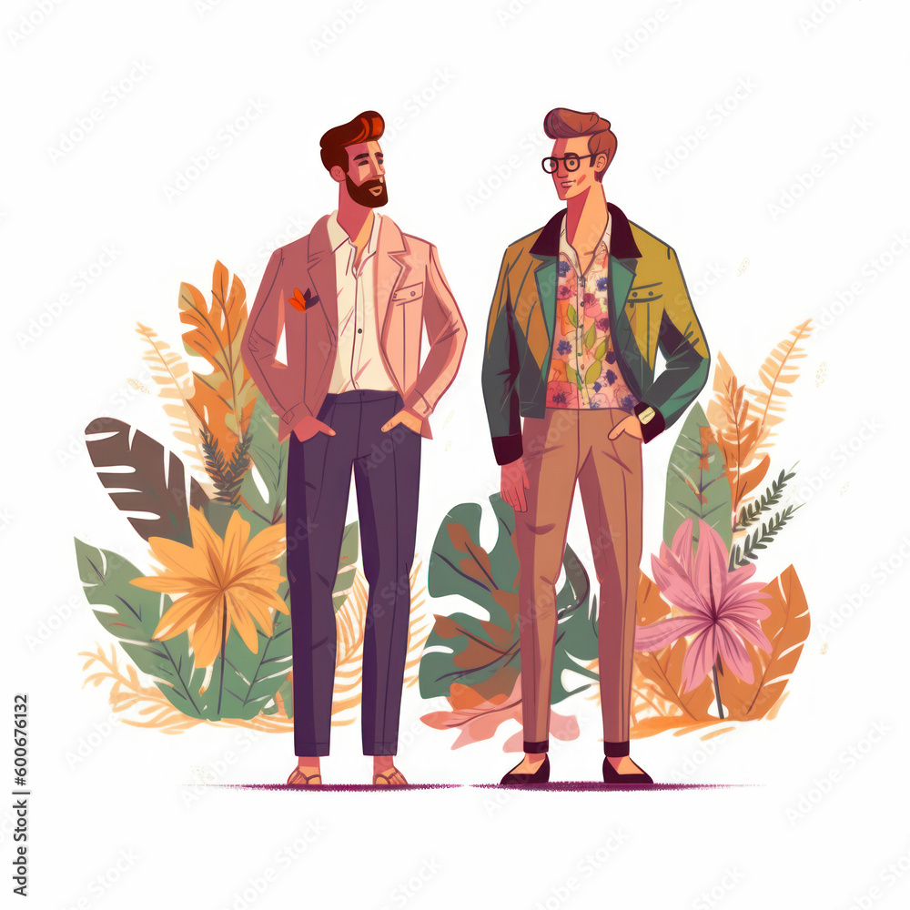 Obraz premium Flat illustration organic graphic design pride day gay couple in love concept. Generative ai.