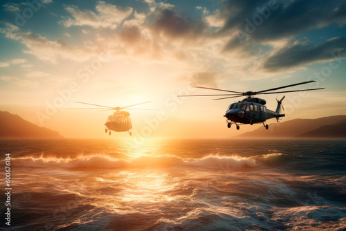 Obraz na płótnie war helicopters over flying the sea, generative ai