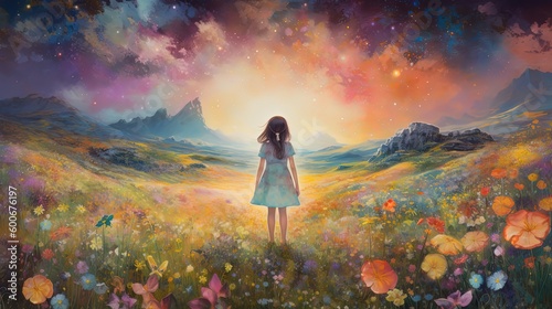illustration of a girl standing in flower field under starfield sky  idea for hope and faith  Generative Ai