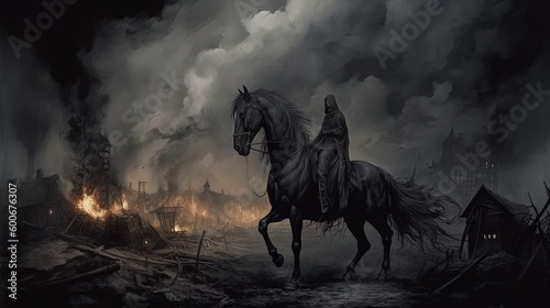 illustration of The Death on black horse, black smoke from fire burn on battlefield behind, Generative Ai