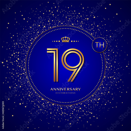 19th anniversary logo with gold numbers and glitter isolated on a blue background