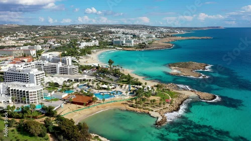 Aerial view of beautiful Nissi beach in Ayia Napa, Cyprus. Nissi beach in Ayia Napa famous tourist beach in Cyprus. A view of a azzure water and Nissi beach in Aiya Napa, Cyprus.