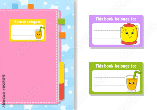 Book label stickers for kids. The rectangular shape. Cartoon character. For the diary, notebook, book. Isolated on white background. Vector illustration.