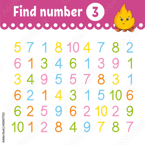 Find number. Education developing worksheet. Activity page with pictures. Game for children. Funny character. cartoon style. Vector illustration.