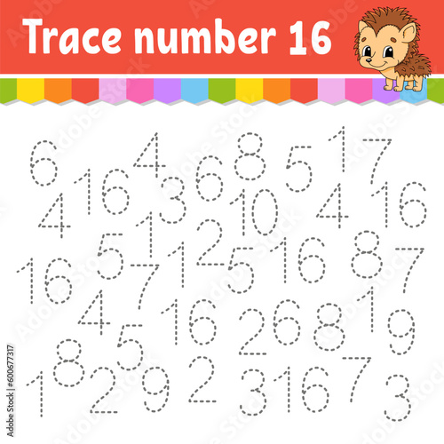 Trace number . Handwriting practice. Learning numbers for kids. Education developing worksheet. Activity page. Vector illustration.