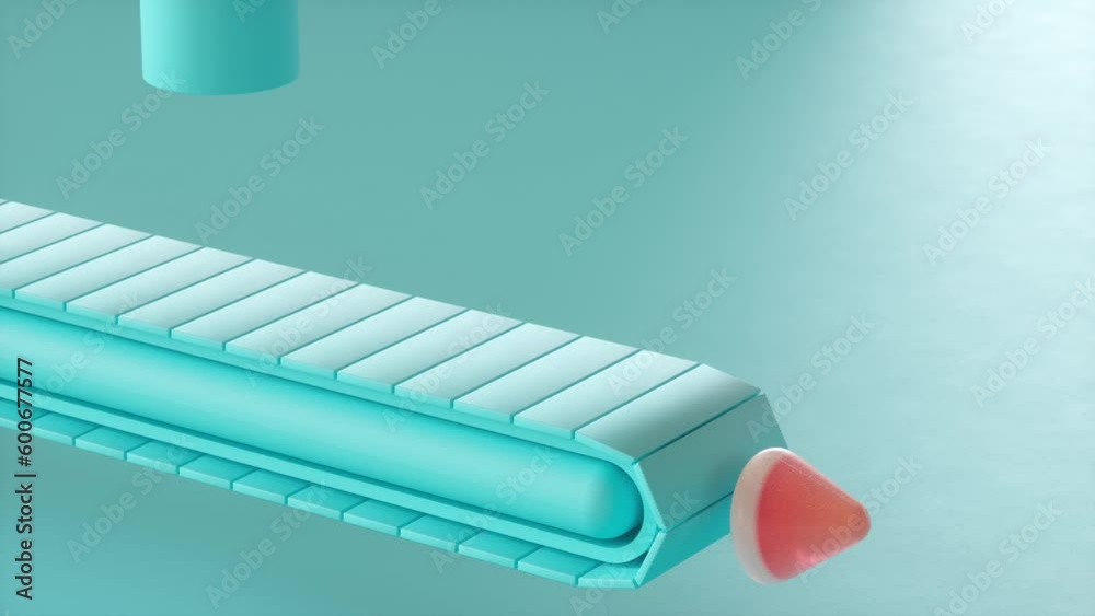 Production line where a liquid falls and turns into candy. Seamless loop