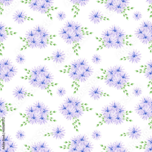 Hand drawn watercolor blue abstract daisy seamless pattern on white background. Gift-wrapping  textile  fabric  wallpaper.
