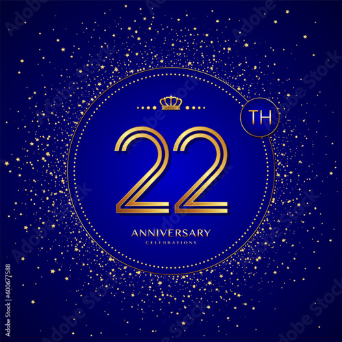22th anniversary logo with gold numbers and glitter isolated on a blue background