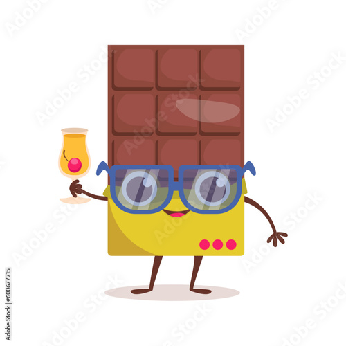 Cute dessert character. Chocolate in sunglasses holds a cocktail in his hand. Summer time. Vector graphic.