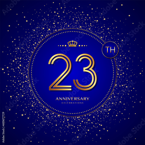 23th anniversary logo with gold numbers and glitter isolated on a blue background