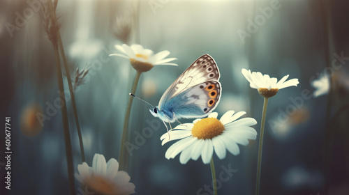 Butterfly and flowers on the grass, in the style of dreamy atmosphere. Generative AI.