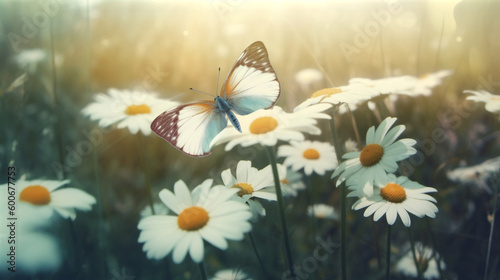Butterfly and flowers on the grass, in the style of dreamy atmosphere. Generative AI. © BunpaengArt
