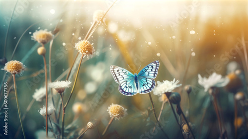 Butterfly and flowers on the grass, in the style of dreamy atmosphere. Generative AI.