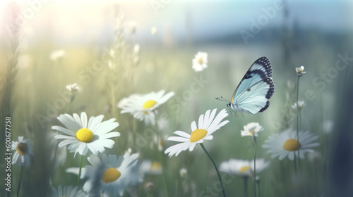 Butterfly and flowers on the grass, in the style of dreamy atmosphere. Generative AI.