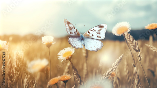 Butterfly and flowers on the grass, in the style of dreamy atmosphere. Generative AI.