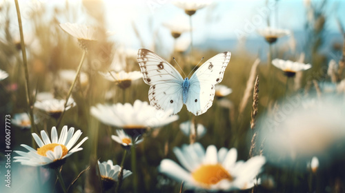 Butterfly and flowers on the grass, in the style of dreamy atmosphere. Generative AI.