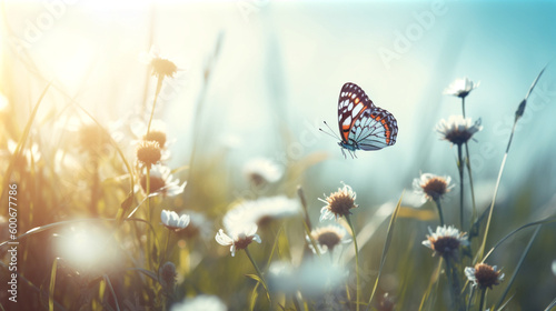 Butterfly and flowers on the grass, in the style of dreamy atmosphere. Generative AI.