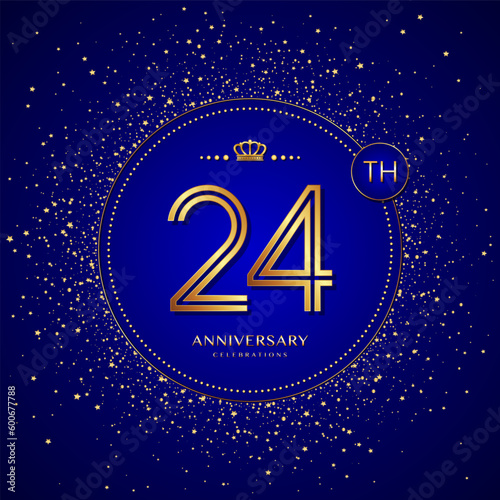 24th anniversary logo with gold numbers and glitter isolated on a blue background