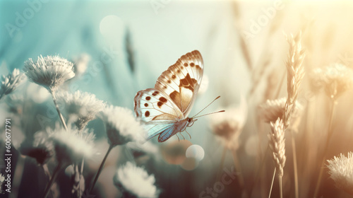 Butterfly and flowers on the grass, in the style of dreamy atmosphere. Generative AI.