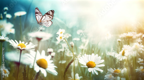 Butterfly and flowers on the grass, in the style of dreamy atmosphere. Generative AI.