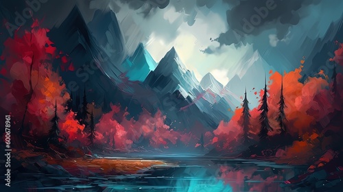 illustration of beautiful fantasy landscape forest mountain , Generative Ai