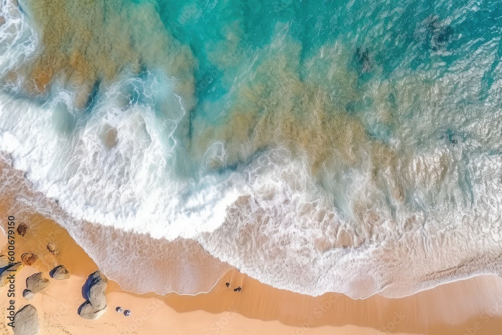 Aerial view of beautiful tropical beach with turquoise ocean water and sand. Created with Generative AI tools