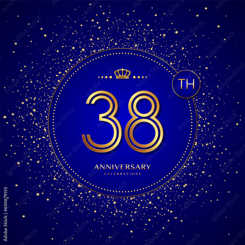 38th anniversary logo with gold numbers and glitter isolated on a blue background 38th anniversary logo with gold numbers and glitter isolated on a blue background