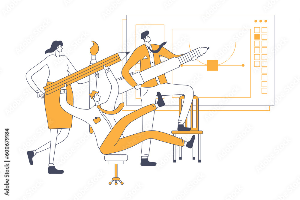 Various people with big pencil, stylus, brush. Hand drawn vector illustration. A team of people creates a design project in a vector editor.