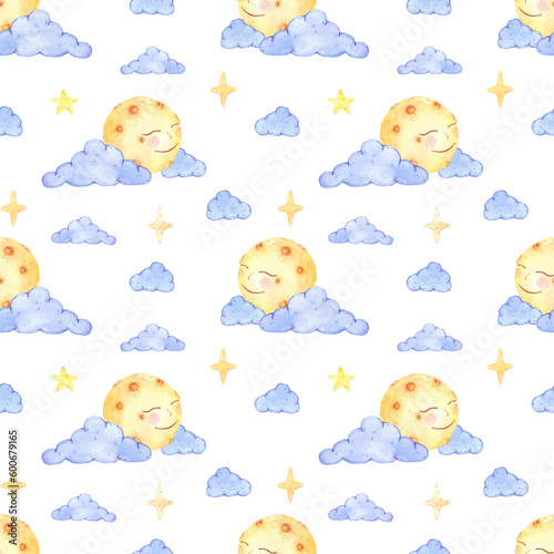 Hand drawn watercolor blue clouds with smiling moon seamless pattern. Isolated on white background. Can be used for children's textile, gift-wrapping, fabric, wallpaper.