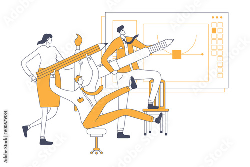 Various people with big pencil, stylus, brush. Hand drawn vector illustration. A team of people creates a design project in a vector editor.