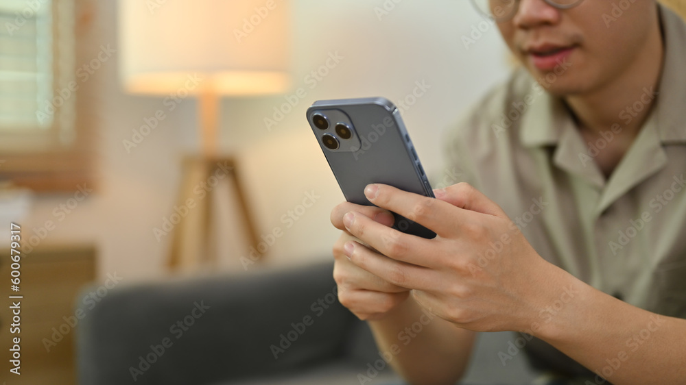 Happy man using smartphone typing an sms message at social network while sitting on sofa at home