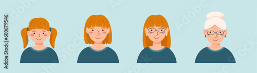 Avatars of woman in different ages - from girl till elderly person in flat style.	
