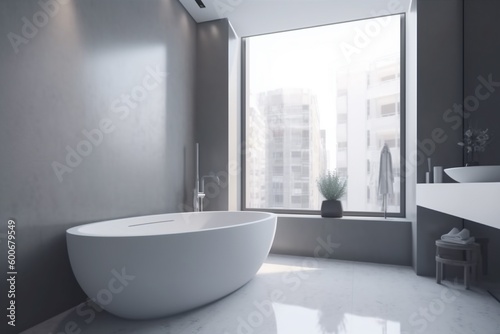 tub interior room stylish apartment home house white design indoor window. Generative AI. © VICHIZH