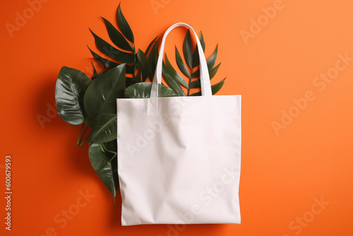 Blank cotton white shopper tote bag on green and orange background with plants, Generative AI