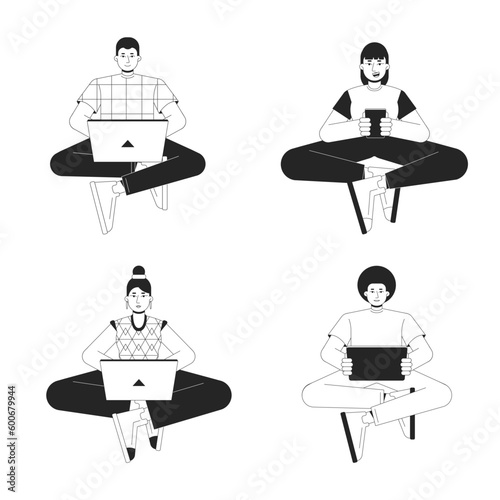 Using gadgets in everyday life bw vector spot illustration set. Millennials 2D cartoon flat line monochromatic characters on white for web UI design. Editable isolated outline hero image pack