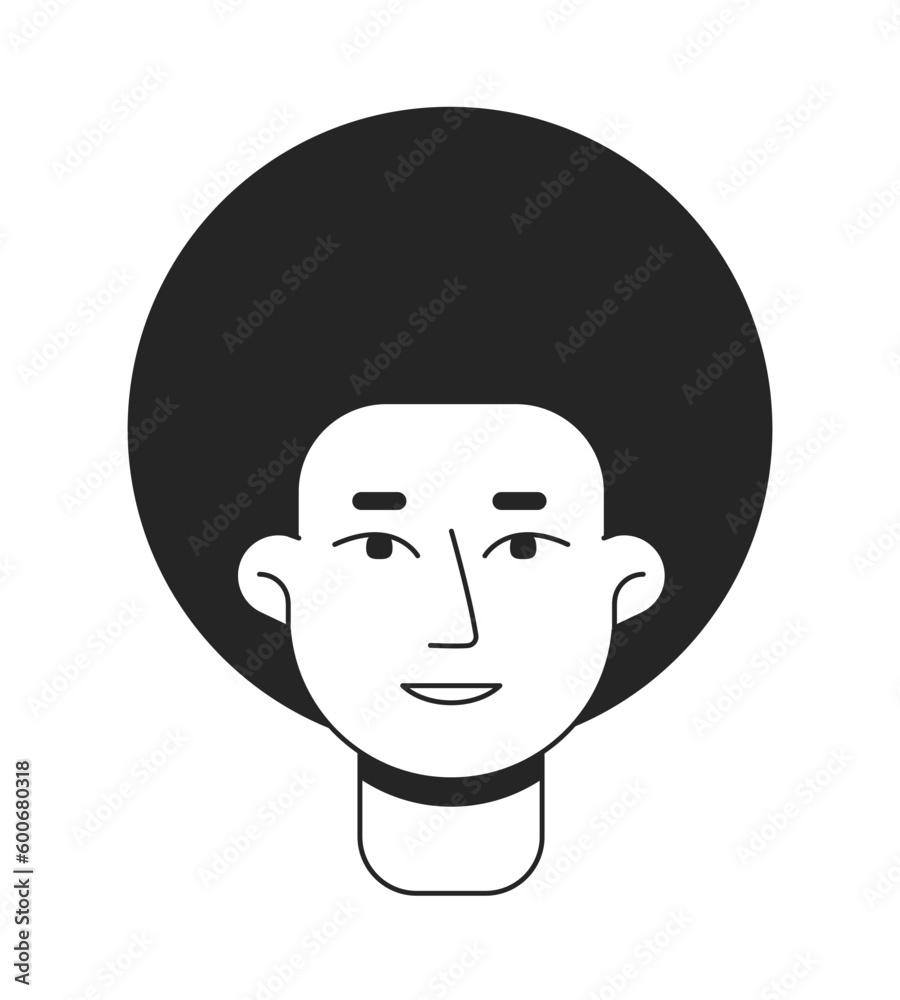 Afro hair man with friendly smile monochrome flat linear character head. Smiling curly guy. Editable outline hand drawn human face icon. 2D cartoon spot vector avatar illustration for animation