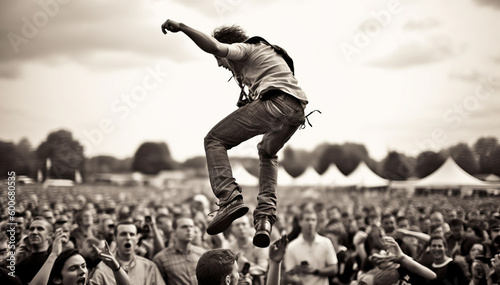 Crowd going crazy at a rock or heavy metal concert. A lot of people at the mass event. Concert crowd, hardcore party photo